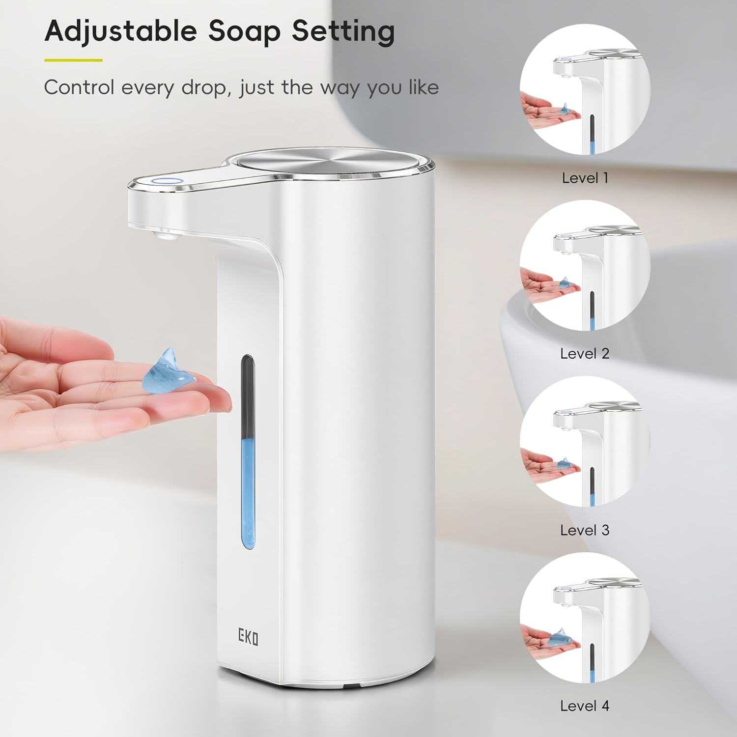EKO Aroma Pro 13.5 fl oz Touchless Automatic Liquid Soap Dispenser, Rechargeable Electric Hand & Dish Soap Dispenser for Bathroom and Kitchen, IPX7 Waterproof, Adjustable Volume Control (White)