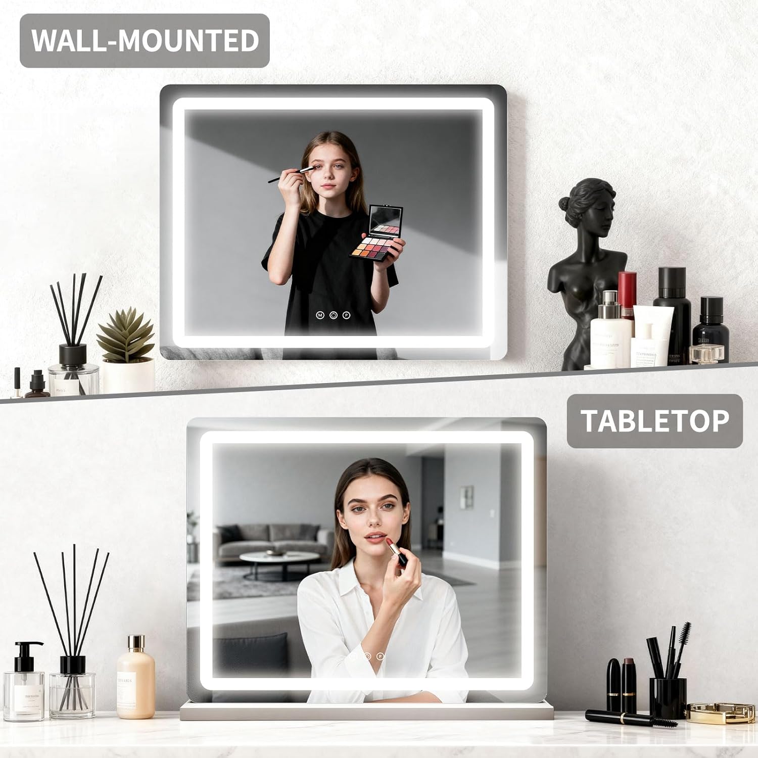 ROLOVE 23x18 Inch Vanity Mirror with Lights, 3-Color Modes, Dimmable LED Mirror with Touch Control - Large Makeup Mirror for Dressing Room (Wall/Tabletop Mount)