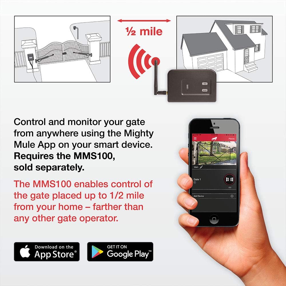 Mighty Mule Gate Opener, Solar and Smart Ready, Heavy Duty Automatic Gate Opener, Gates up to 18ft or 850lb, Single Gate Opener, MM571W