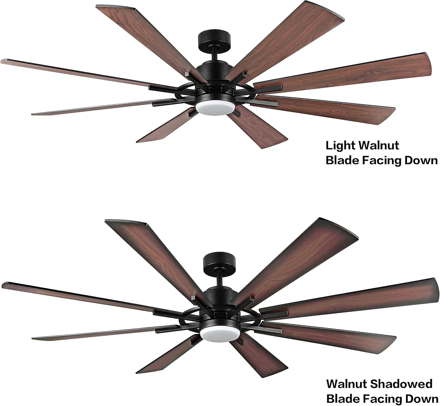WINGBO 72" DC Ceiling Fan with Lights and 3 Downrods, Matte Black Ceiling Fan with Walnut/Walnut Shadowed Reversible Blades, 6-Speed DC Motor, Indoor Ceiling Fans for Kitchen Bedroom Living Room
