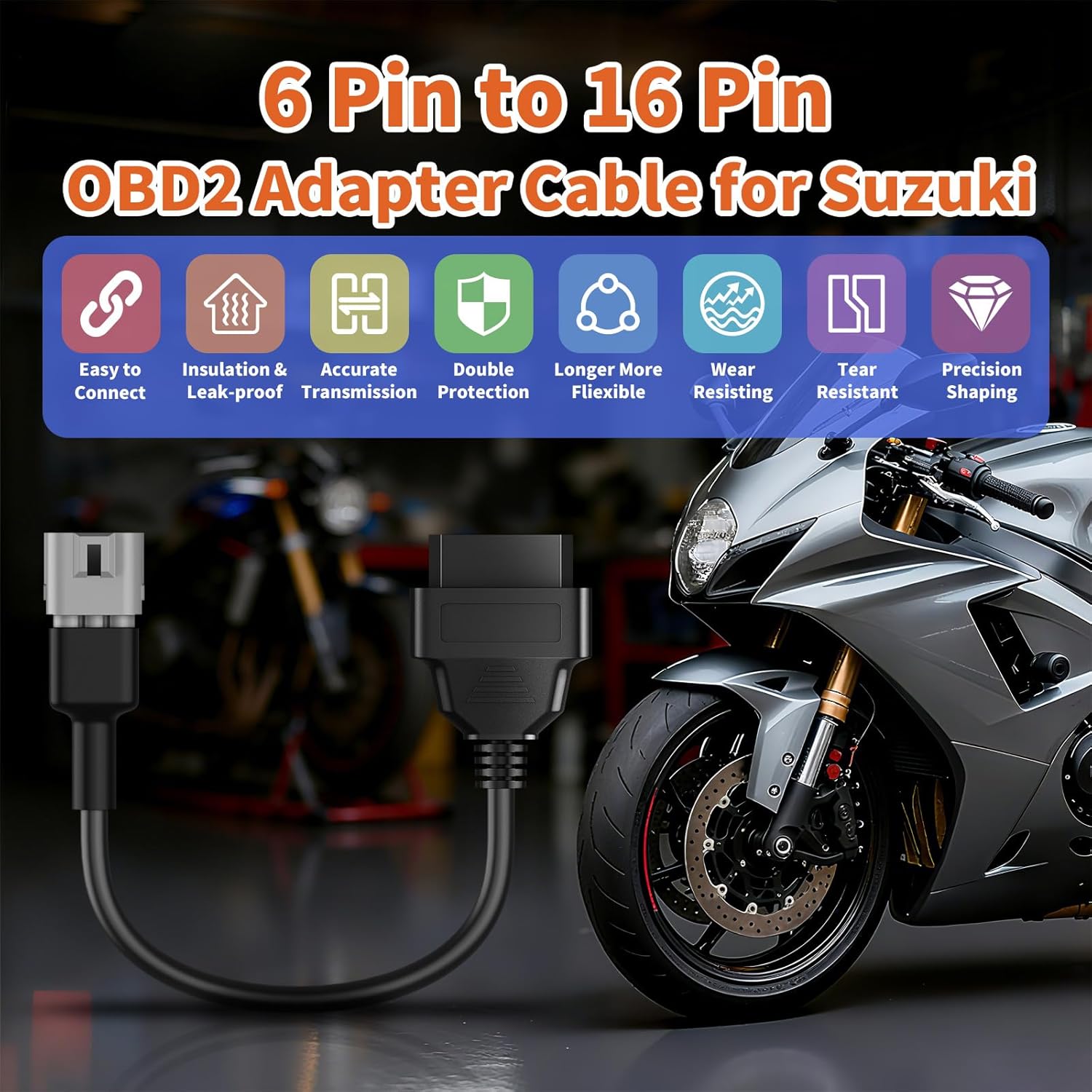 OBD2 Adapter Cable Fits for Suzuki Guzzi Kawasak and More Motorcycles, 6Pin to 16Pin OBD2 Diagnostic Adapter Cable Works with All OBDII Scanner