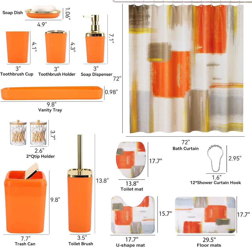 Bathroom Set - Orange Bathroom Accessories Set, Bathroom Sets with Shower Curtain and Rugs, Orange Shower Curtain Set with Bathroom Trash Can, Soap Dispenser, Soap Dish for Home Decor