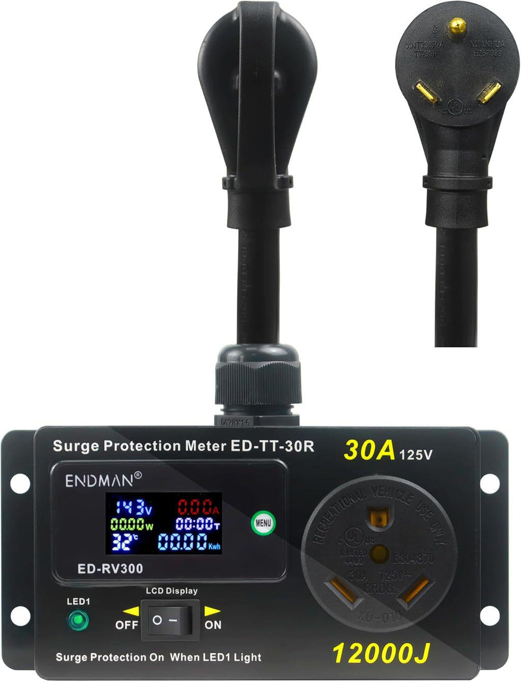 RV 30 Amp Surge Protector with Power Meter (kWh) - 12,000 Joules High Surge Guard - Real-Time Voltage & Amp Monitor for Travel Trailers (NEMA TT-30P)