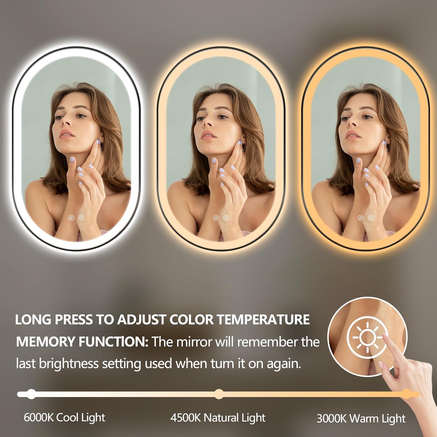 Niccy Oval LED Mirror for Bathroom, 48x30 Front Lit + Backlit Vanity Mirrors with Light Anti-Fog, Shatter-Proof, 3 Colors, Makeup Mirror with Black Frame (Horizontal/Vertical)