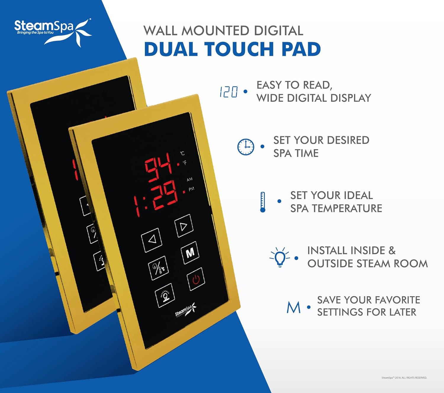 SteamSpa Executive 6 KW QuickStart ACU-Steam Bath Generator Package with Built-in Auto Drain and Install Kit in Polished Gold | Steam Generator Kit with Dual Control Panel Steamhead 240V | EXT600GD-A