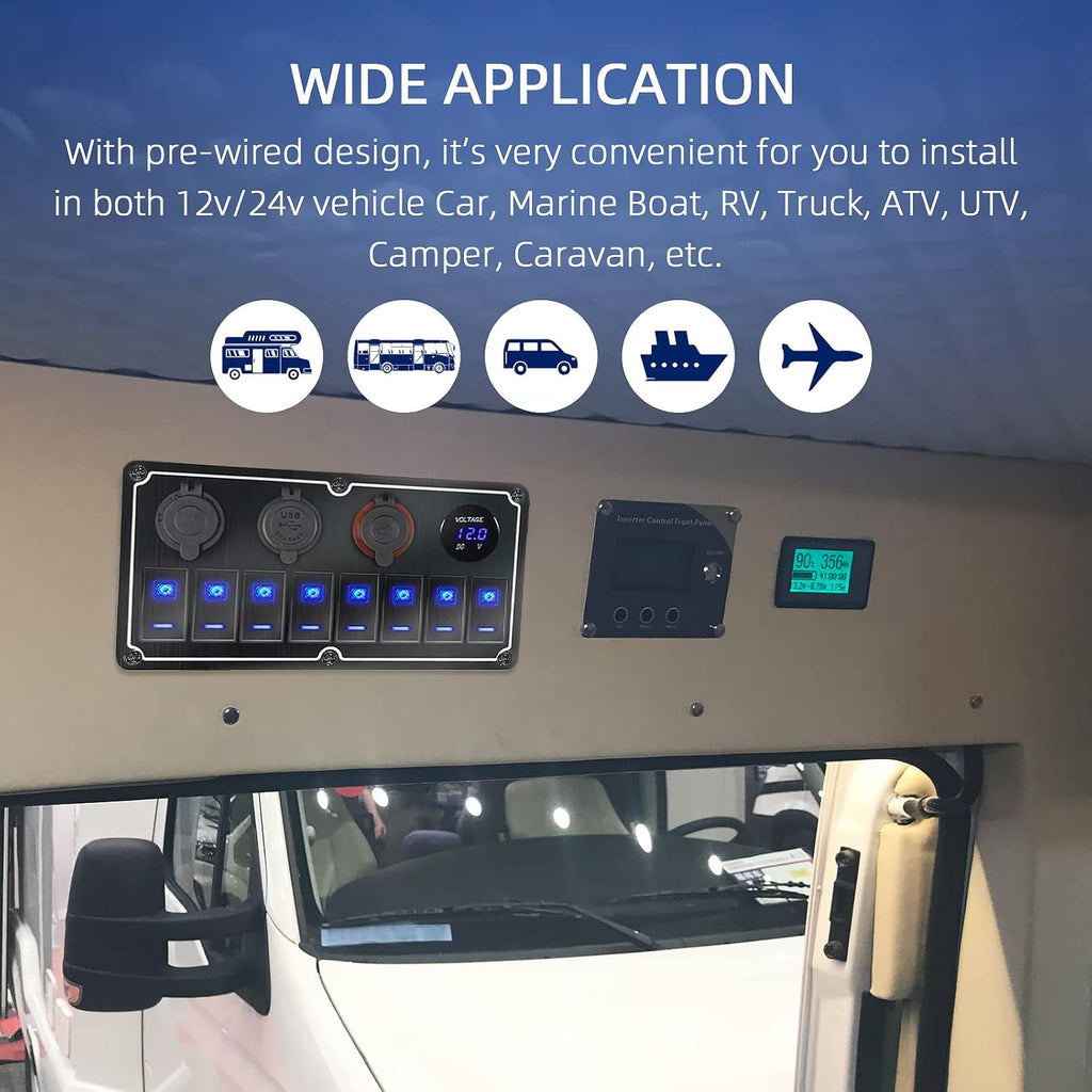 Waterproof 8 Gang Toggle Switch Panel with Dual USB Charger & Voltmeter - Overload Protection for RV, Marine, Car, Truck - Compatible with Auxbeam Boat Switch Panel