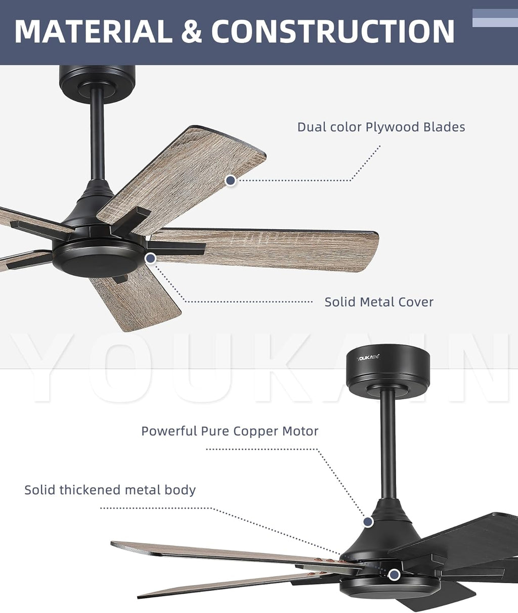 YOUKAIN Ceiling Fan No Light, 42 Inch Black Modern Ceiling Fans, Smart Ceiling Fan Works with Voice Control & Remote Control, Reversible Blades, Outdoor Ceiling Fans for Living room, 42-YJ812-BK-NL