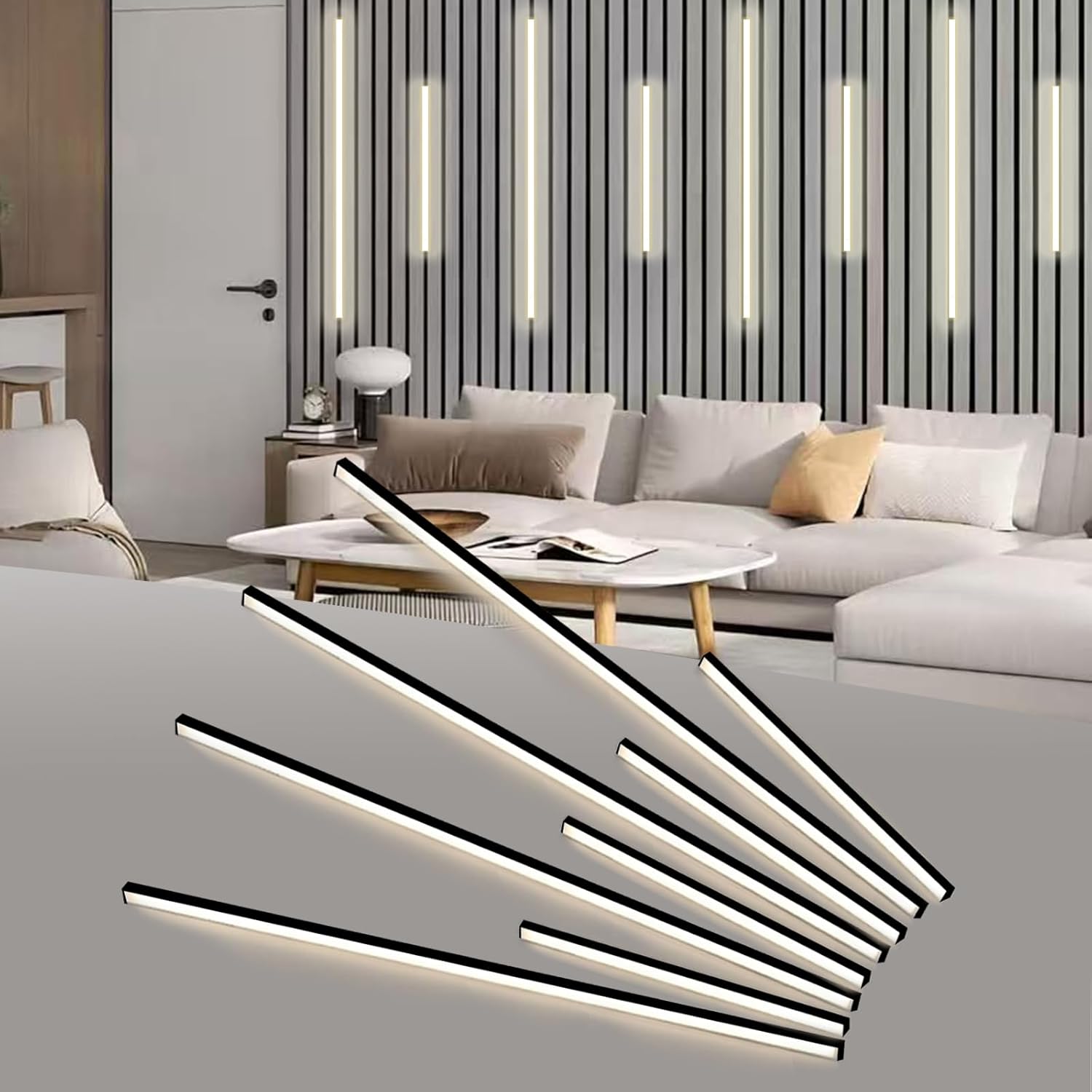 Besseto LED Wall Panel Lights Black,Wood Slat Wall Panel Strip Light,3000K Touchable Switch Dimmable LED Recessed Lighting for Living Room Bedroom Bathroom Stairs (Black-8PCS)