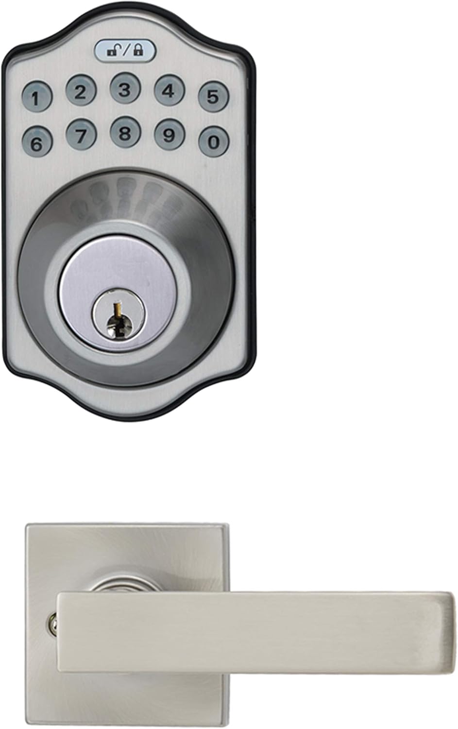 Amazon Basics Traditional Electronic Keypad, Keyless Entry Door Lock Deadbolt with Handle Set, Key Pad Front Door with Knob, Traditional Door Locks for Front Door, Door Handle, Satin Nickel, 6-Pack