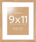 Homeforia 9x11 Picture Frame Wood, High End Natural Oak 9 x 11 Light Wooden Frames with Mat 6 by 8 in Photo, 9by11 Frame Matted to 6x8 Print, Wall or Tabletop Frame, Tempered Glass, Wall Kit, Set of 1
