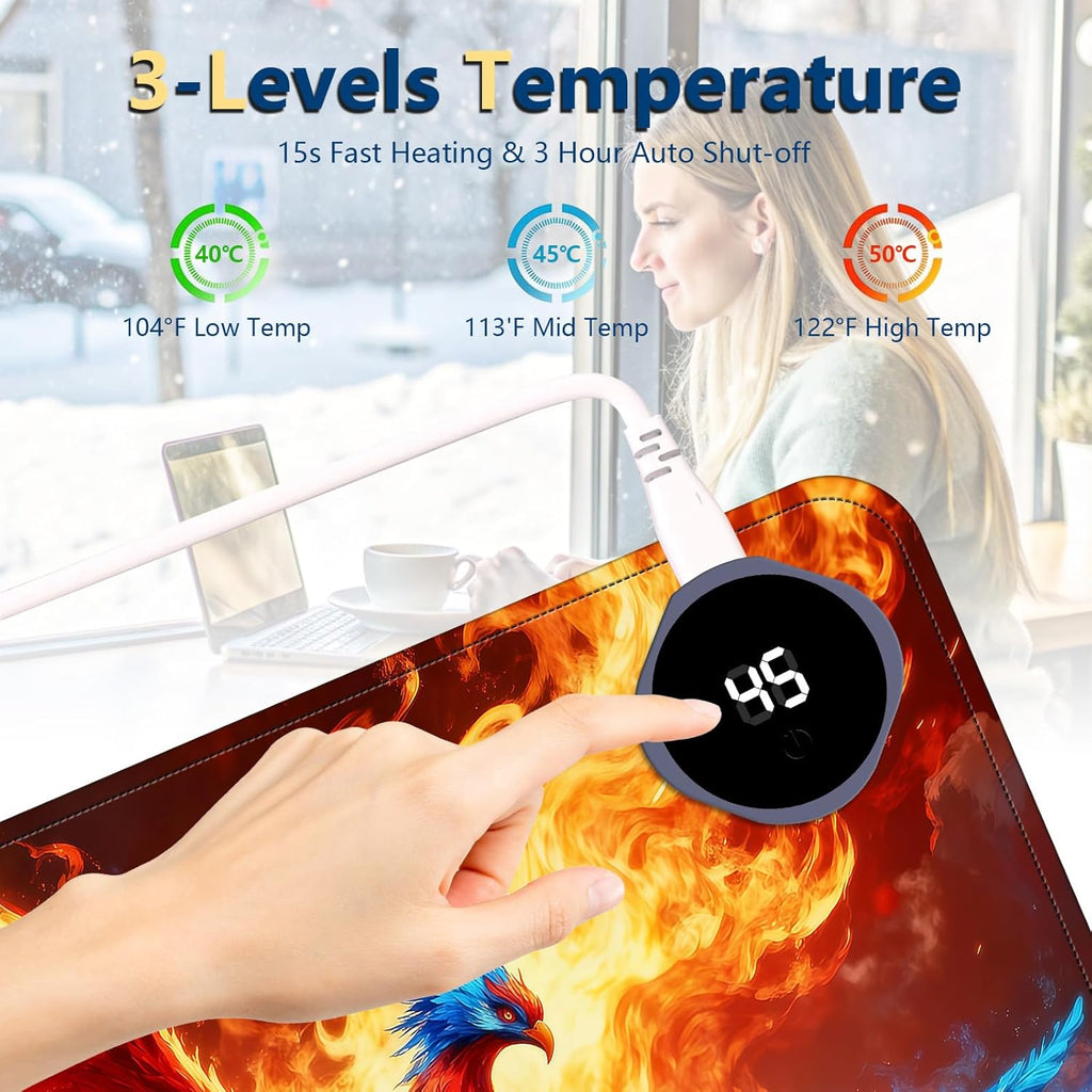 Heated Mouse Pad with 3 Temperature Settings(104°F–122°F),Large 31.5x13 Inch PU Leather Heated Desk Mat,Waterproof Warming Pad for Office,Gaming & Cold Hands Relief,Fiery Phoenix Bird
