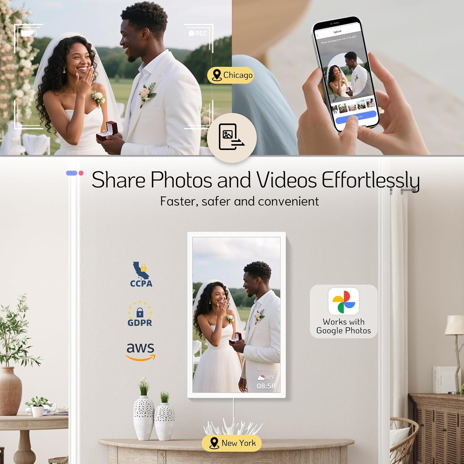 NexFoto 24 Inch Large Digital Picture Frame Touchscreen, WiFi Electronic Photo Frame 64GB, Add Photos from Google Photos, Videos via App/USB, Gifts for Christmas/Mom/Grandparents, White