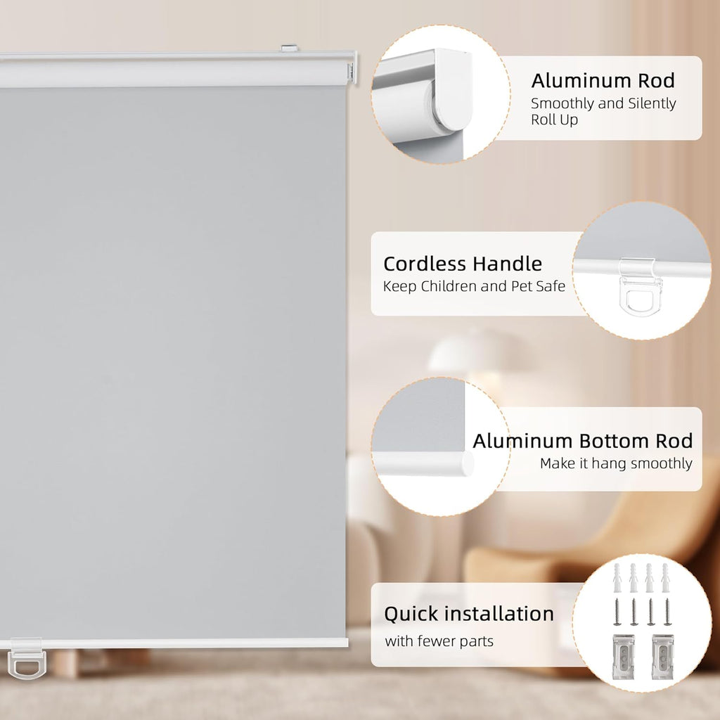 ChrisDowa Cordless Blackout Roller Shades for Windows, Thermal Insulated UV Protection Pull Down Shades, Total Blackout Window Blinds for Home, Office, Bedroom, Door (54" W x 72" H, Grey)