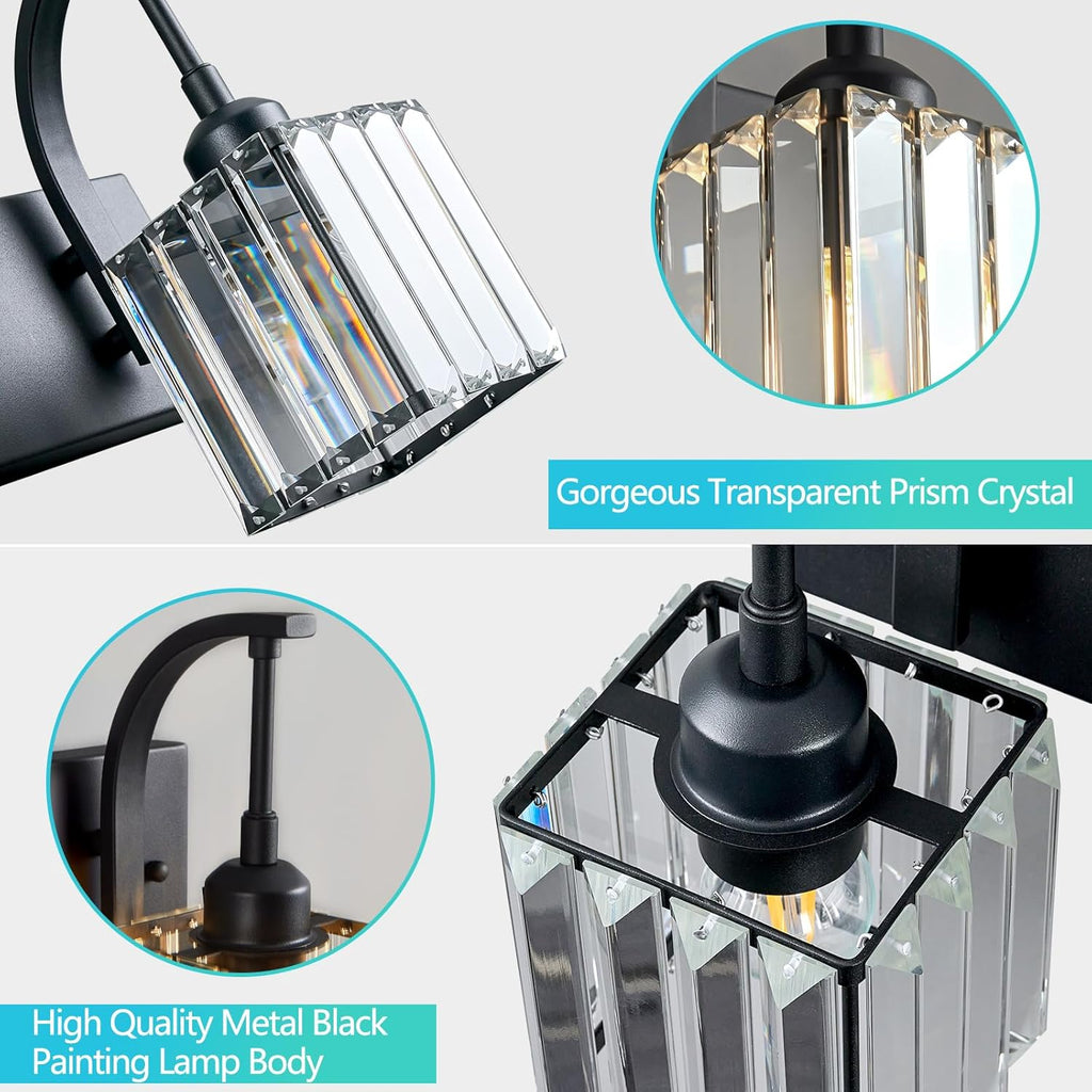 Wall Sconces, Set of 2 Black Crystal Vanity Lights, Modern Wall Lamp for Bathroom, Hallway, and Makeup, Easy Installation