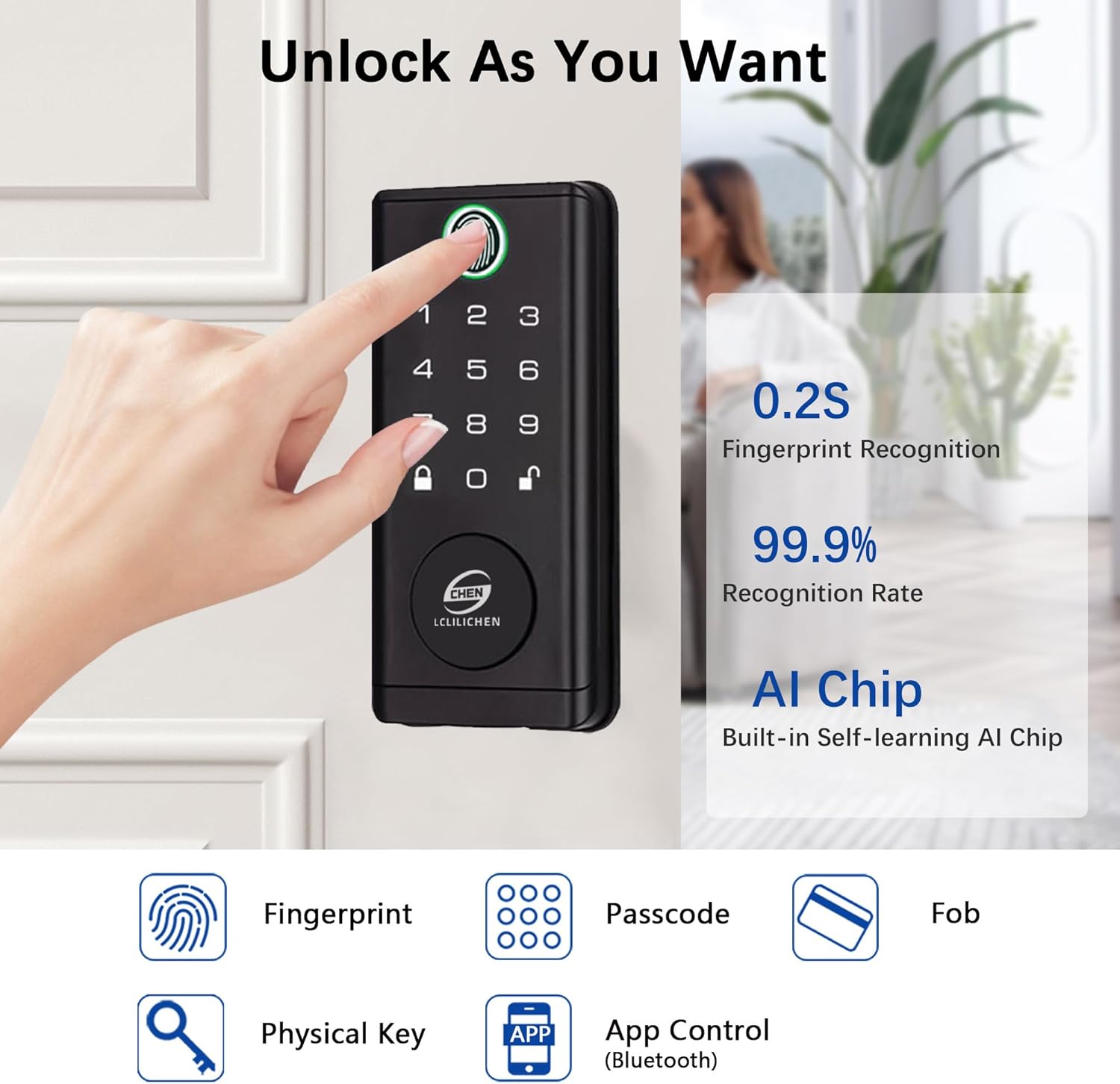 Smart Door Lock, Keyless Entry Deadbolt with Fingerprint, Biometric Electronic Door Lock with Keypad & App Control, Easy Installation for Front Door, Home, Office