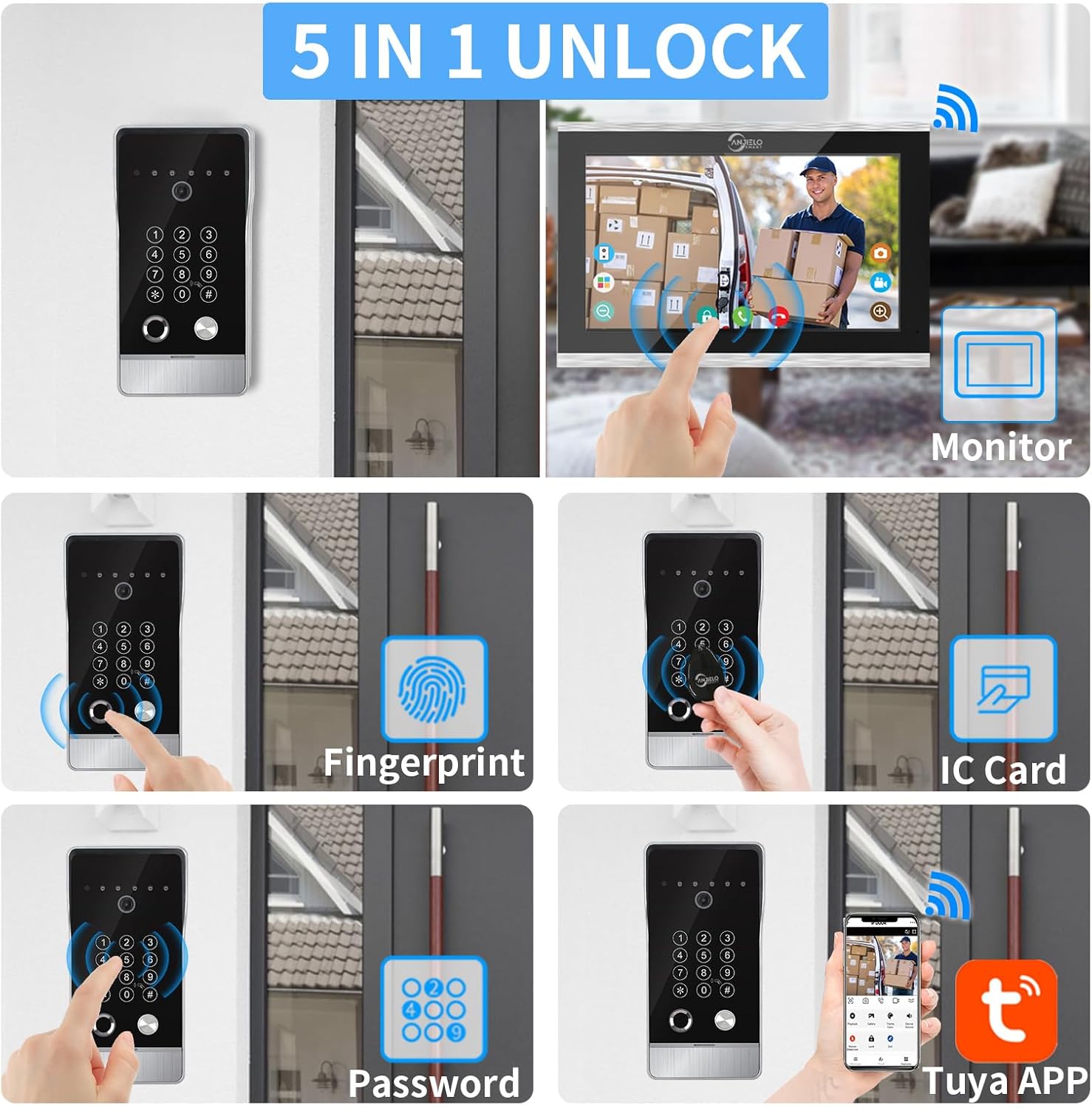 Wired Video Door Phone Apartment Intercom System,10 Inch Touch Monitor with 1080P doorbell,Support Fingerprints, RFID Cards,Passwords,Unlock Motion Detection for Home (2 Doorbell + 4 Monitor)