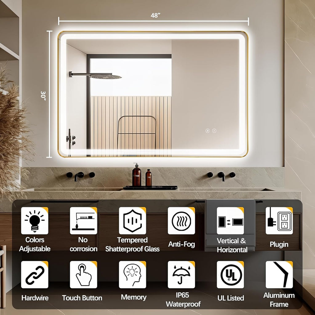 Rectangle LED Bathroom Mirror, 48"x30" Anti-Fog Double Touch Lighted Wall Vanity Mirror 45° Beveled Metal Frame Stepless Adjustable Color Temperature Smart Mirror 3000K-6000K, Gold