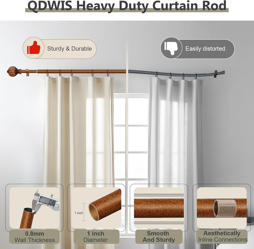 Imitation Wood Curtain Rods for Windows 72 to 144 Inch, 1 Inch Adjustable Heavy Duty Decorative Drapery Rods with Classic Finials, Red Imitation Wood Window Curtain Pole, Size 36-150''