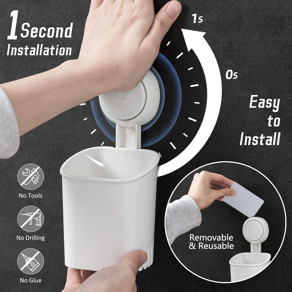 TAILI Suction Toothbrush Holder for Shower Wall, No Nail, No Glue, No Tool! Self-draining Shower Cup for Razor, Toothpaste, Kitchen Tableware, Strong Suction Cup Toothbrush Holders for Bathroom, White