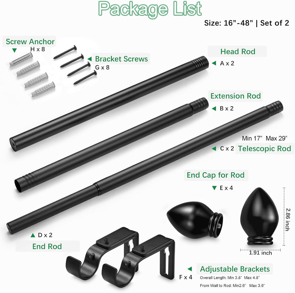 Curtain Rods for Windows 16 to 48 inches, Curtain Rod Max Adjustable Length to 60 in, Drapery Rod 1 inch Diameter with Modern Knobs Finials (Black, 16" to 48" - Set of 2)