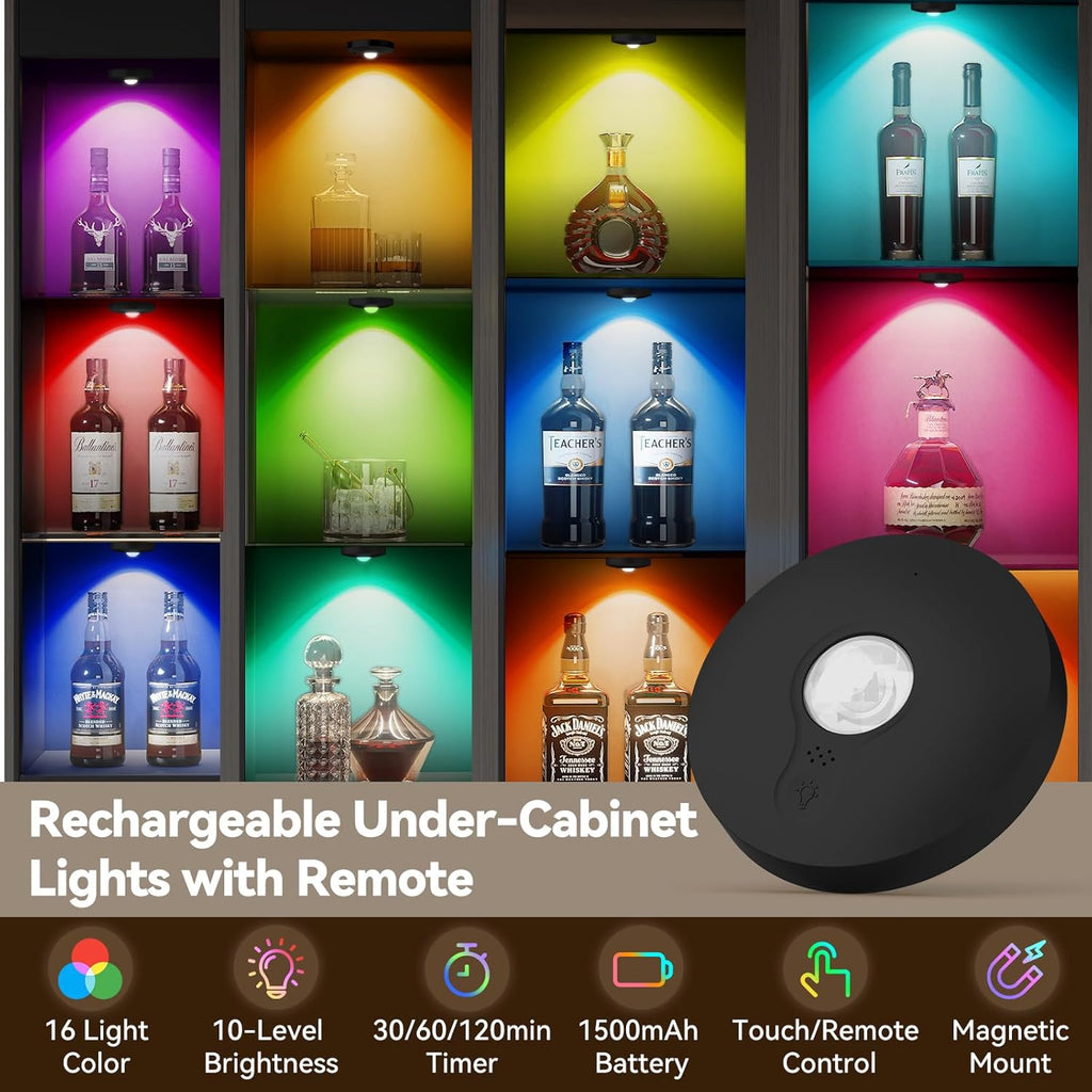 Rechargeable Puck Lights with Remote, 3 Pack Magnetic Under Cabinet Lighting, 1500mAh Battery Operated LED Tap Lights with Dimmer & Timmer for Kitchen, Closet, Shelf - 3 Color Temps & 12 RGB, Black