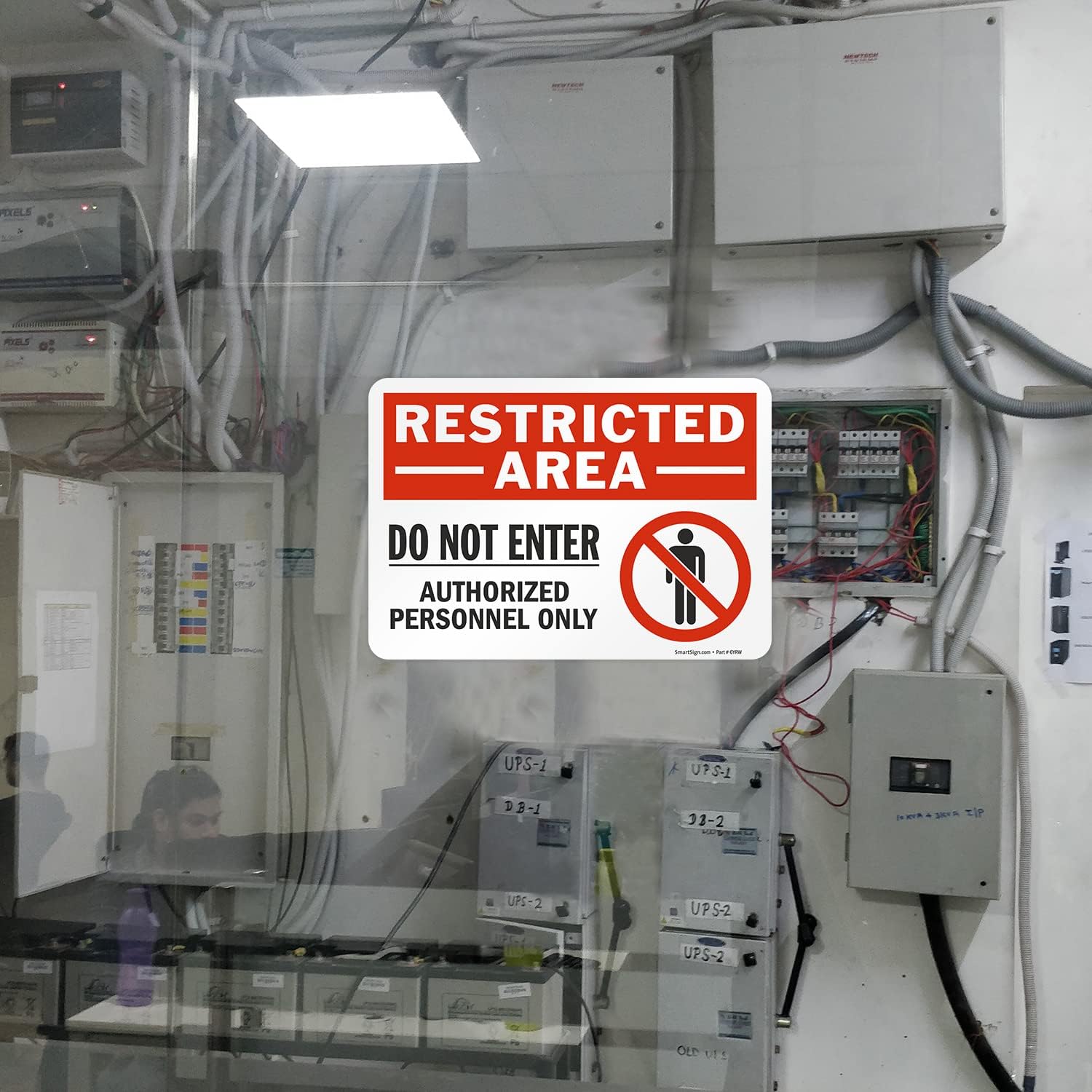 SmartSign 7 x 10 inch “Restricted Area - Do Not Enter, Authorized Personnel Only” Sticker Label with Symbol, 3 mil Laminated Adhesive Polyester, Red, White and Black, Made in USA