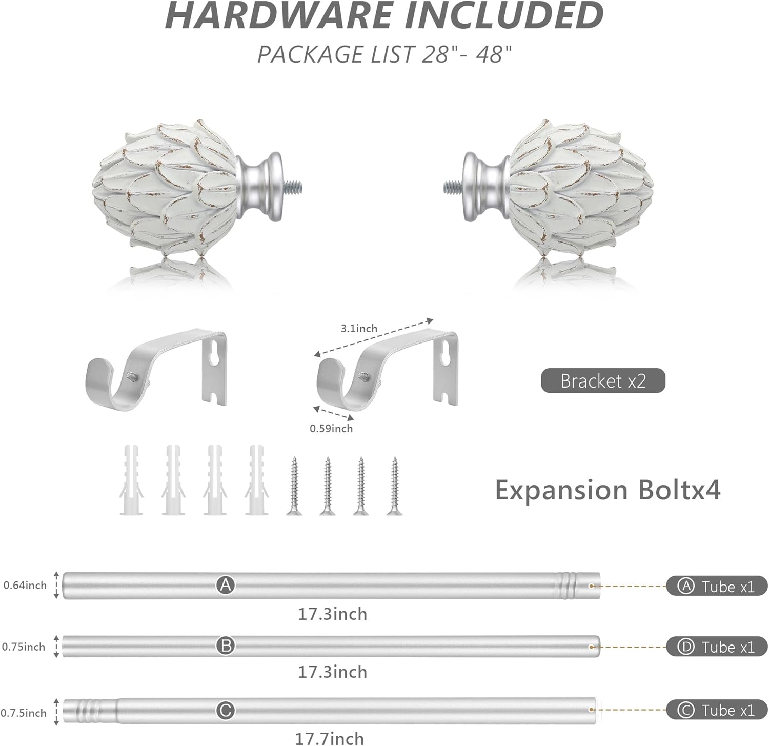 Curtain Rods for Windows 28 to 48 Inches 6/8 Inch Diameter Adjustable Drapery Rods Decorative Single Window Curtain Rods with Classic Finials,Silver