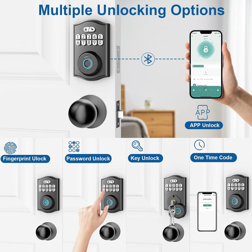 Fingerprint Door Lock with Door Knobs Set, Keyless Entry Door Lock Deadbolt with Handle, Smart Front Door Lock Set with APP Control/Fingerprints/Passwords/Auto-Lock/Easy Installation Black
