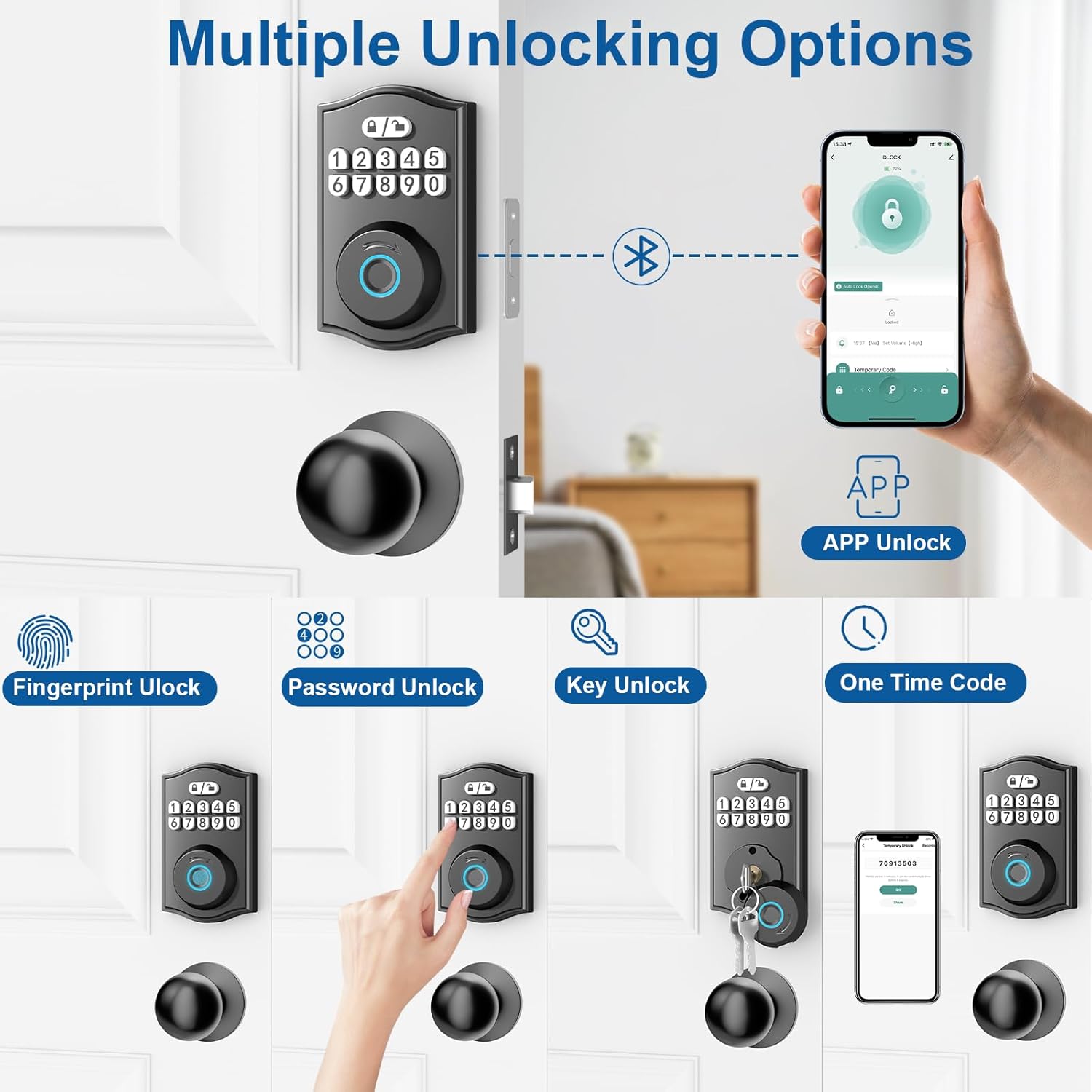 Fingerprint Door Lock with Door Knobs Set, Keyless Entry Door Lock Deadbolt with Handle, Smart Front Door Lock Set with APP Control/Fingerprints/Passwords/Auto-Lock/Easy Installation Black