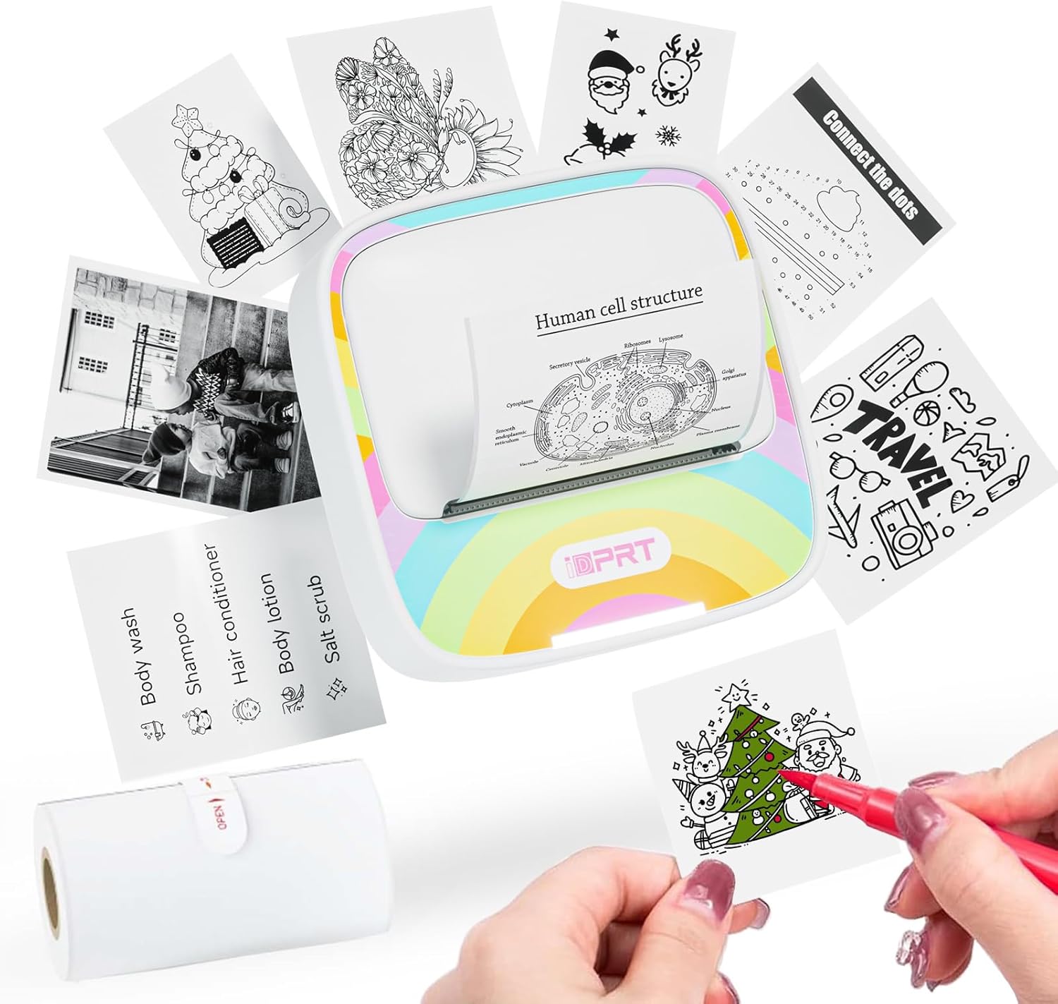 iDPRT Mini Printer with 1 Roll Sticker Paper, Portable Sticker Machine Efficiently and Quickly, DIY, Label, Rainbow