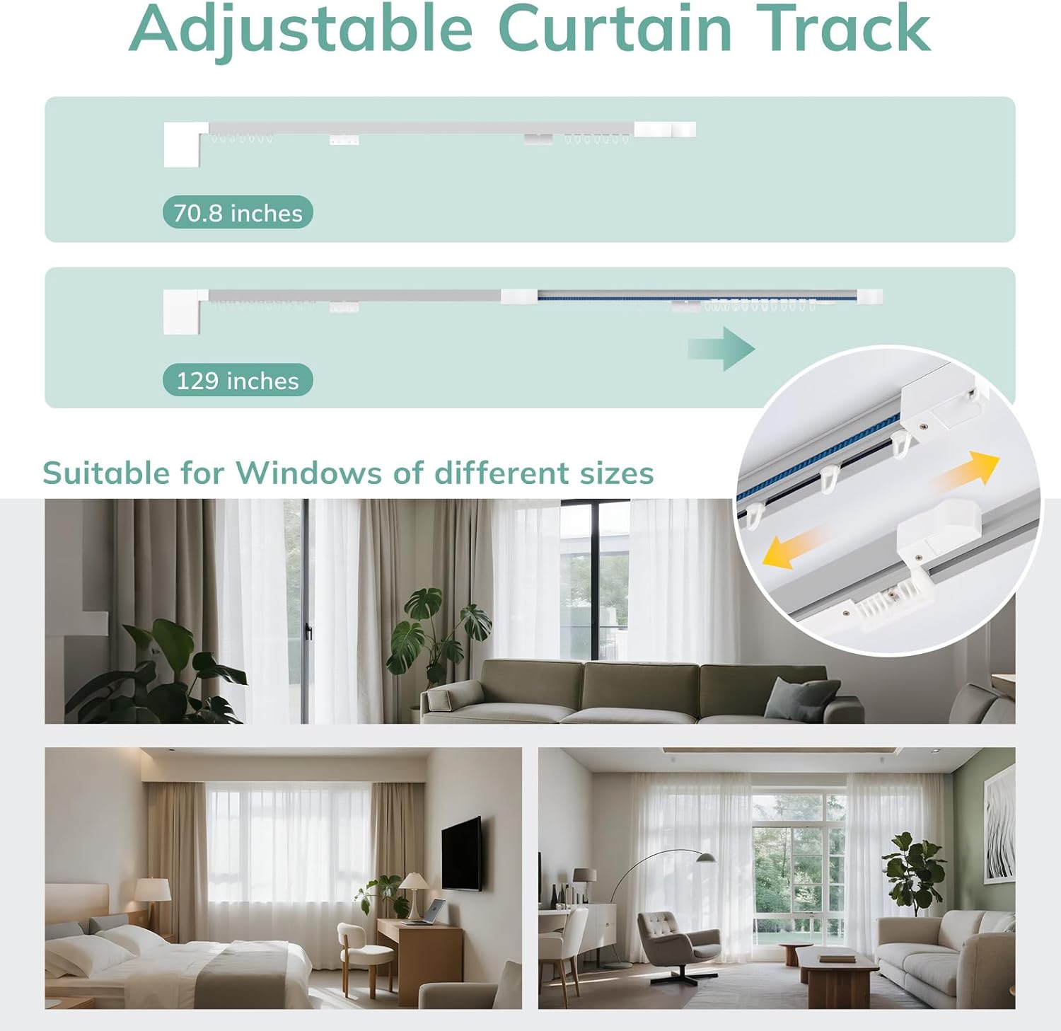 Umimile Smart Electric Curtain Track, Motorized Curtain Track System, 70.8-129 inch Adjustable Length, App/Remote Control, Compatible with Alexa, Google Home, for Ceiling and Wall Mount