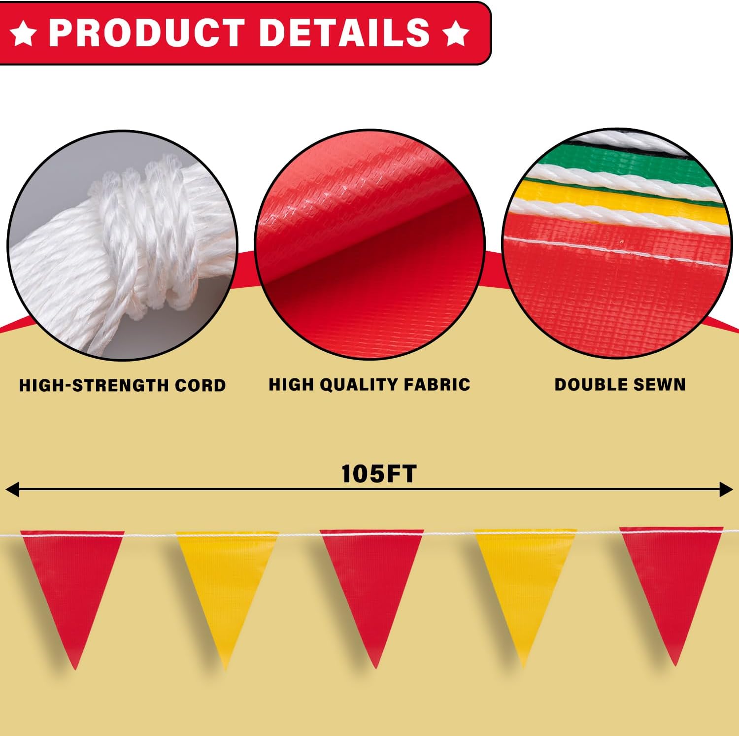 XIFAN Red and Yellow Multicolor Pennant Banner Flags 7''x10'' Waring Safety Rooftop Flagging Barrier - 105FT 45 Flags String