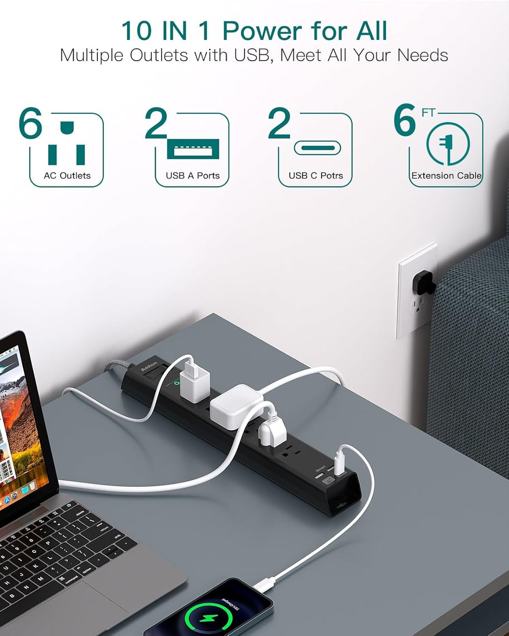 Flat Plug Extension Cord, 6Ft Surge Protector Power Strip - Multi Outlet Extender with 6 AC Outlets 4 USB (2 USB-C) Ports, 900J, Desktop Charging Station for Office College Dorm Room Essentials