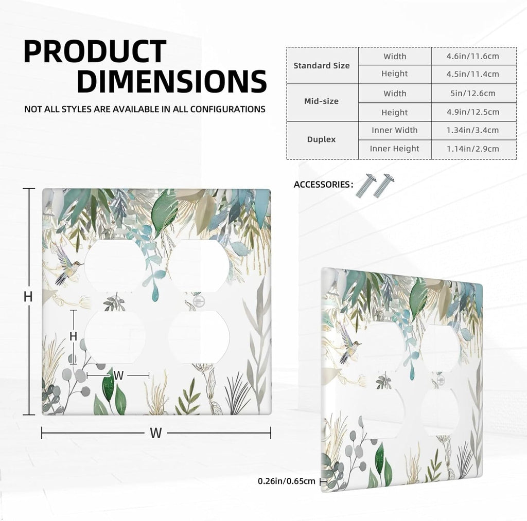 Green Tropical Palm Leaves Flower Plants Hummingbird Outlet Covers 2 Gang Double Duplex Decorative Light Switch Covers Electrical Wallplates Socket Faceplate for Bed Room Living Room Decor