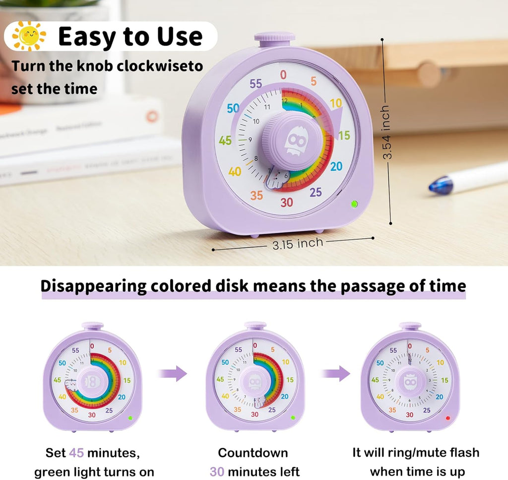 Visual Timer – Rainbow Magnetic Timer for Classroom, 60min/12h Rechargeable Countdown Timers, Silent Pomodoro Timers for Kids & Adults with ADHD