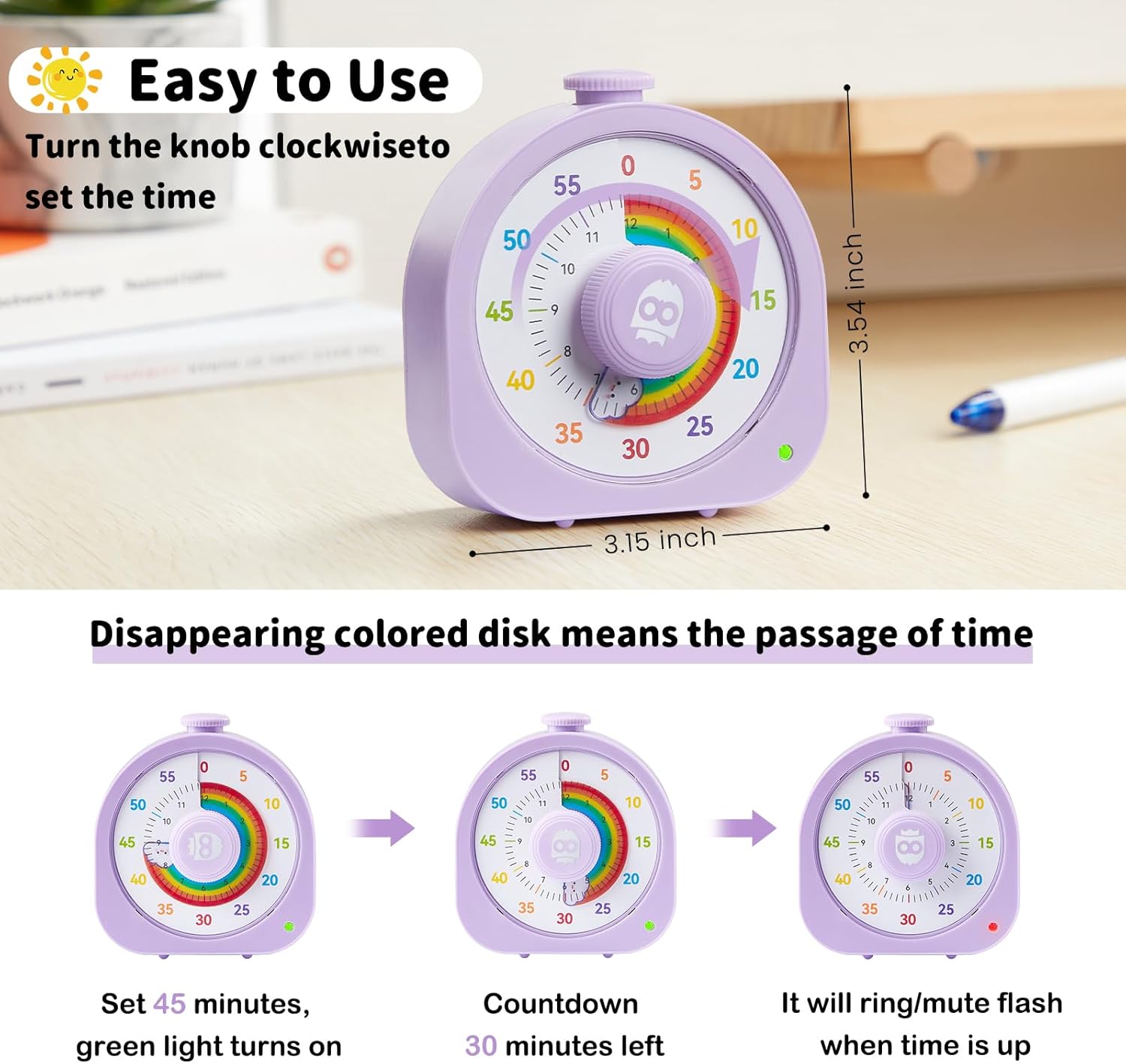 Visual Timer – Rainbow Magnetic Timer for Classroom, 60min/12h Rechargeable Countdown Timers, Silent Pomodoro Timers for Kids & Adults with ADHD