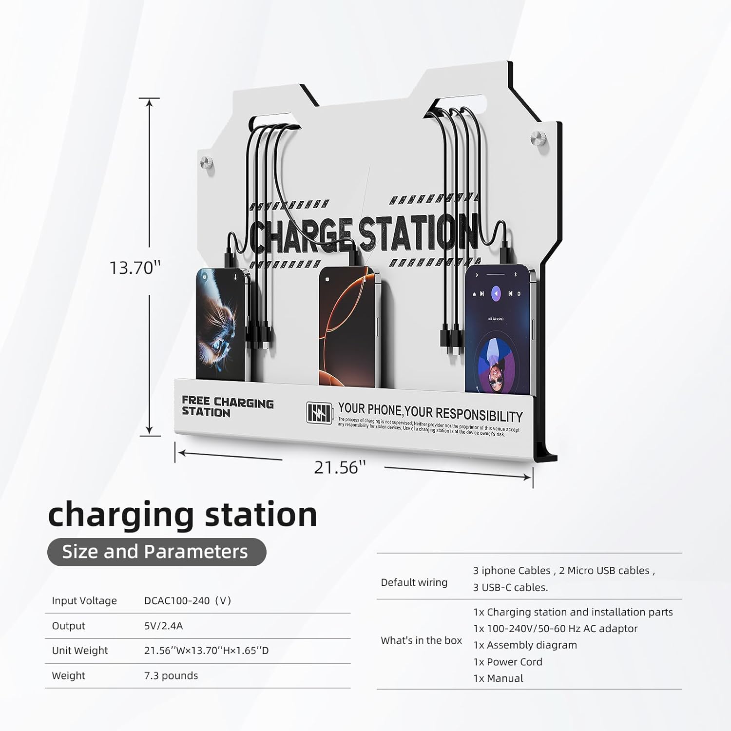 Mechanical Type Wall Mounted Charging Station with 8 PortHigh Speed Cables - Universal Dock for Apple, Type-C & Android Devices, Perfect for Airports, Hotels, Offices, School (White)