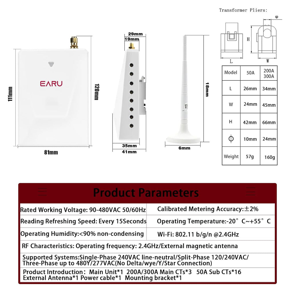 Smart Home Energy Monitor with 16 50A and 3-200A Circuit Level Sensors Real-Time Accurate Power Energy Consumption Tracking WiFi Meter SolarNet Metering2.4 GHz WiFi