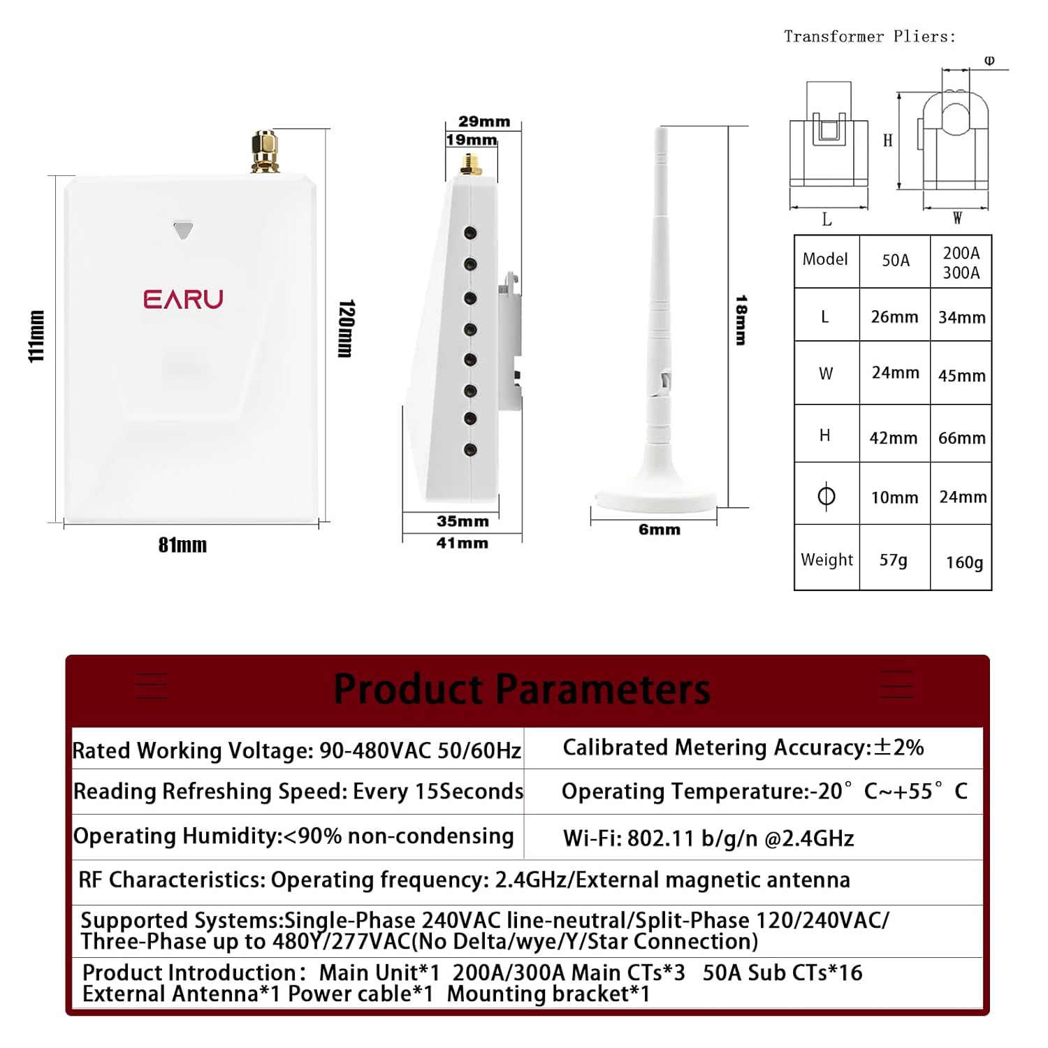 Smart Home Energy Monitor with 16 50A and 3-300A Circuit Level Sensors Real-Time Accurate Power Energy Consumption Tracking WiFi Meter SolarNet Metering2.4 GHz WiFi
