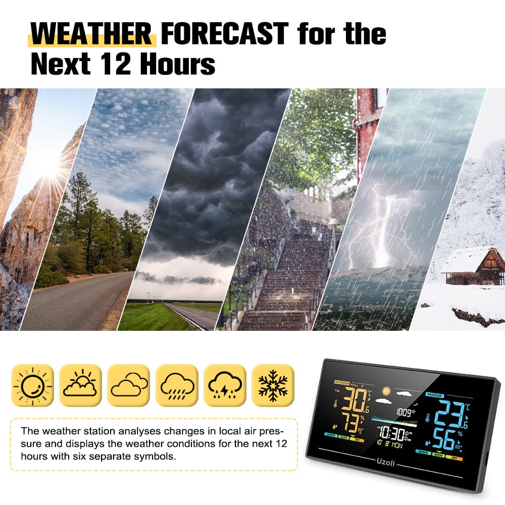 Uzoli EM3405 Weather Station Indoor Outdoor Wireless Thermometer Hygrometer, Temperature Humidity Monitor with Remote Sensor, Digital Weather Forecast Station for Home Use