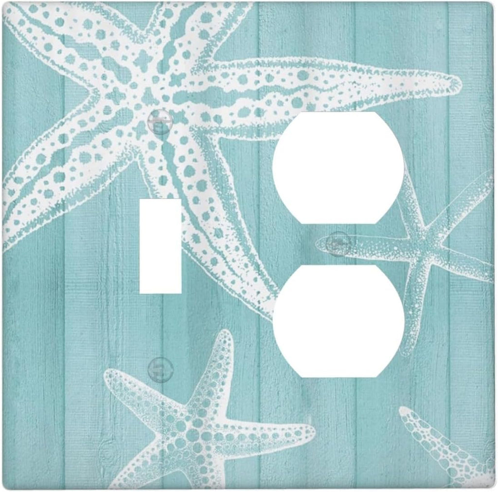 Decorative Outlet Covers Starfish Teal Wood Board Nautical 2 Gang Light Switch Cover Plate Single Toggle Duplex Wall Plates for Electrical Outlets Switch Plate Covers for Bedroom Home Decor