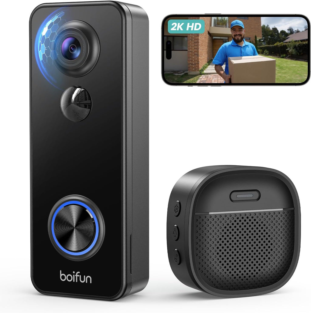 BOIFUN Doorbell Camera Wireless – No Subscription Required, 180° Ultra Wide-Angle, 2K FHD, AI Detection & Alert, HDR Night Vision, Two-Way Audio & Battery Video Doorbell with Chime, 2.4 GHz Wi-Fi Only