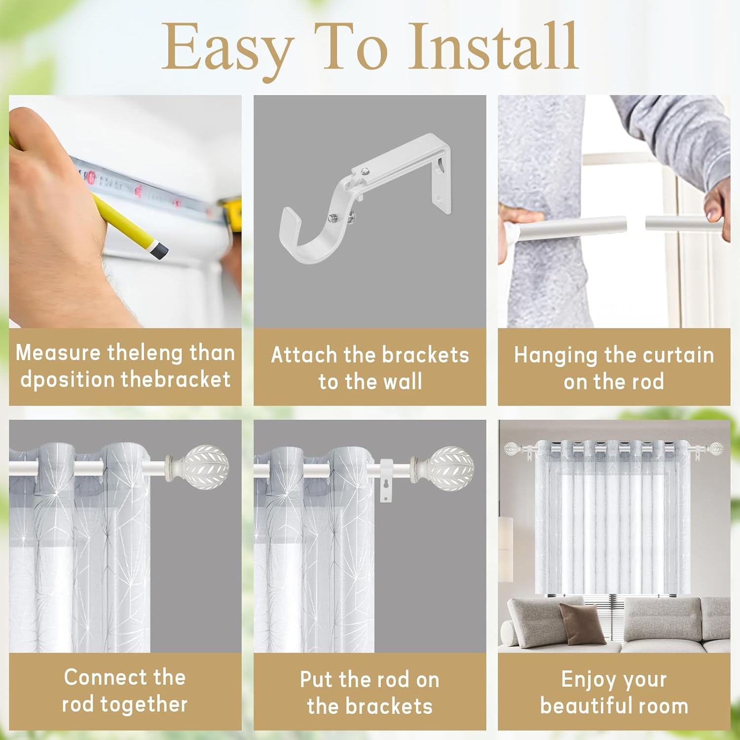 Weathered White Curtain Rod for Windows 66 to 120 Inches(5.5-10ft)， 1'' Diameter Heavy Duty Adjustable Curtain Rod with Leaf Pattern Finials - for Living Room, Bedroom,etc 36-120''