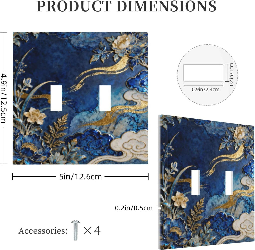 Decorative Light Switch Cover Plate Blue White Flower Gold Line Cloud 2 Gang Outlet Covers Double Toggle Wall Plates for Electrical Outlets Switch Plate Covers Faceplate for Home Decor