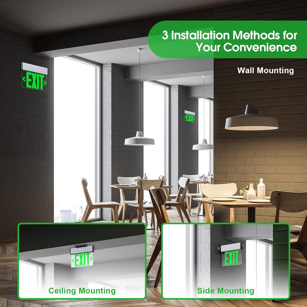 Green LED Edge Lit Exit Sign Brushed Aluminum Housing, UL Listed Emergency Exit Signs Single Sided Clear Acrylic with Battery Backup, AC 120-347V Hardwired Exit Lights, Top/Side/Wall Mount (1 Pack)