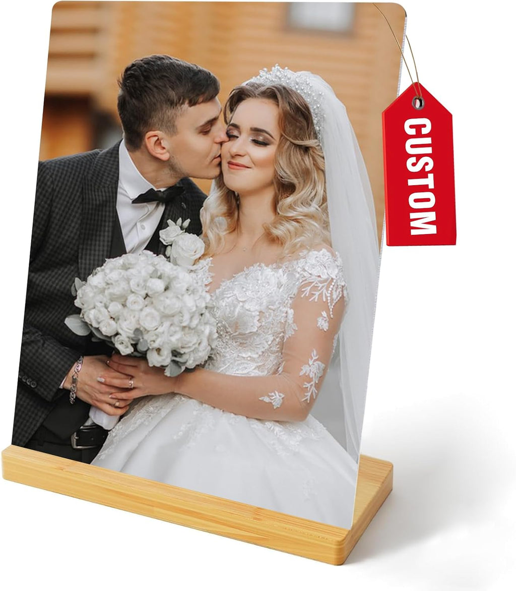 Custom Photo Prints - Metal Desktop Picture Frame with Photos & Wooden Base Personalized Gifts for Family Friends Lovers and Pets, Optional Multiple Sizes