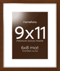 Homeforia 9x11 Picture Frame Brown, High End Dark Oak 9 x 11 Walnut Wooden Frames with Mat 6 by 8 Photo, 11x9 Wood Frame Matted to 6x8 Print, Wall or Tabletop Frame, Tempered Glass, Wall Kit, Set of 1