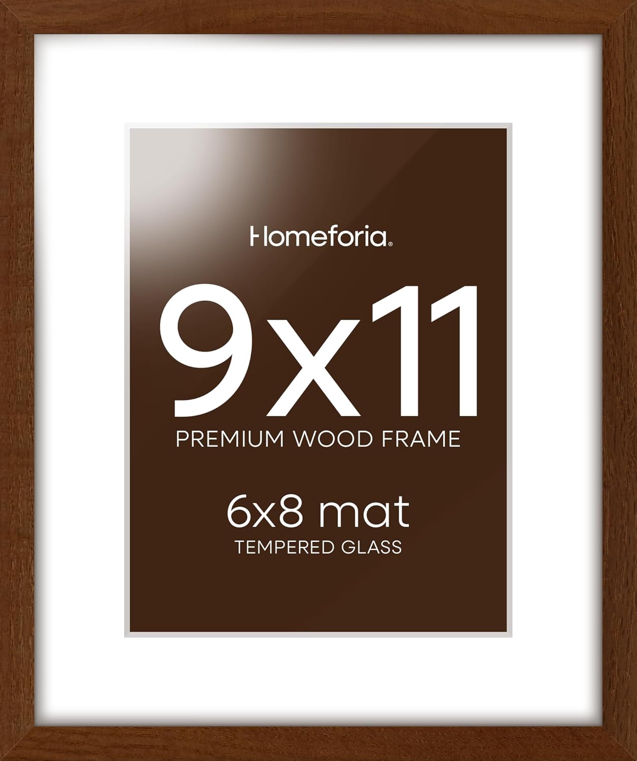 Homeforia 9x11 Picture Frame Brown, High End Dark Oak 9 x 11 Walnut Wooden Frames with Mat 6 by 8 Photo, 11x9 Wood Frame Matted to 6x8 Print, Wall or Tabletop Frame, Tempered Glass, Wall Kit, Set of 1