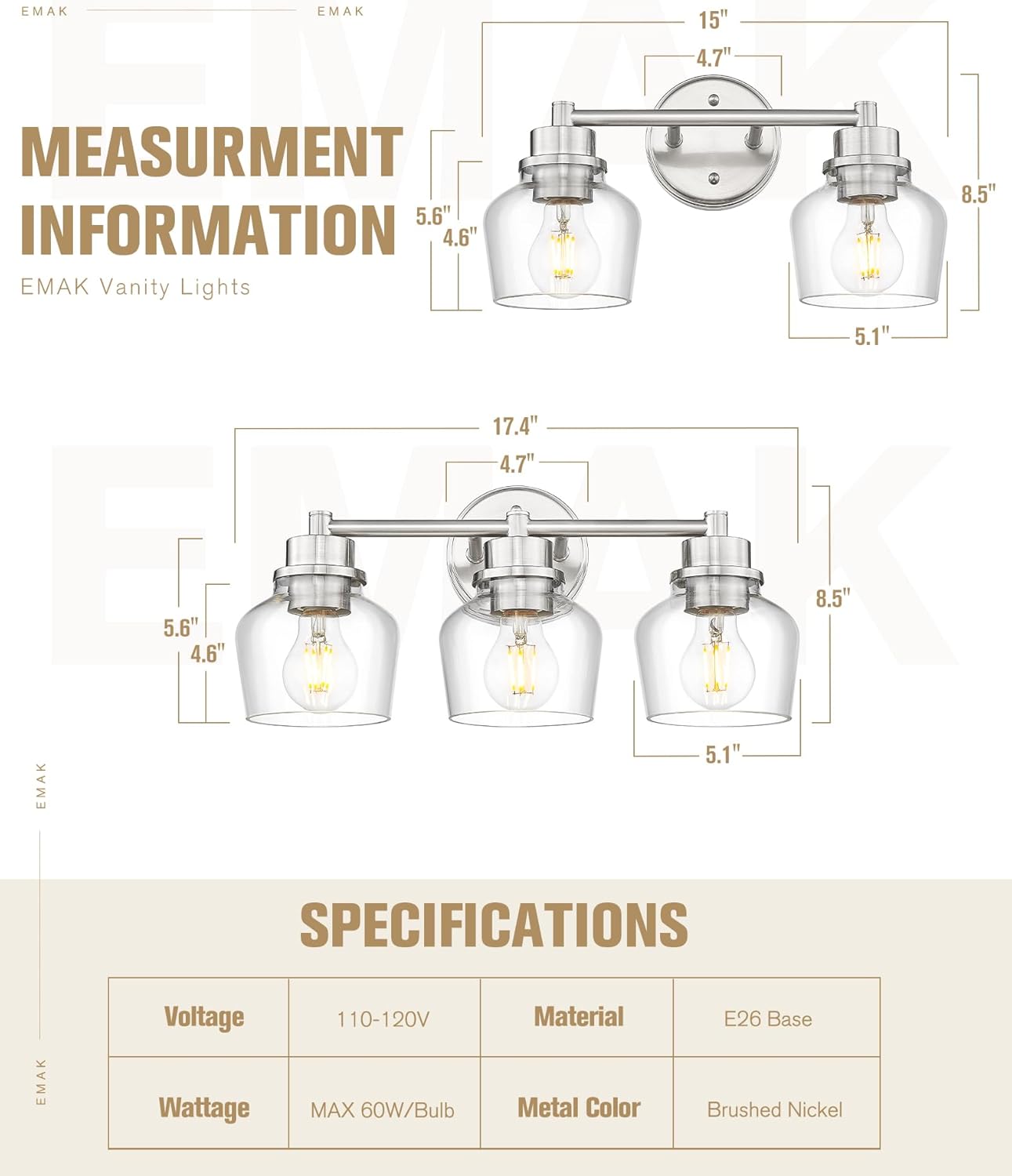 Emak 2-Light Vanity Lights, Brushed Nickel Bathroom Lights Over Mirror with Clear Glass Shade, Modern Bathroom Wall Sconces, VL122-BN-CG-2