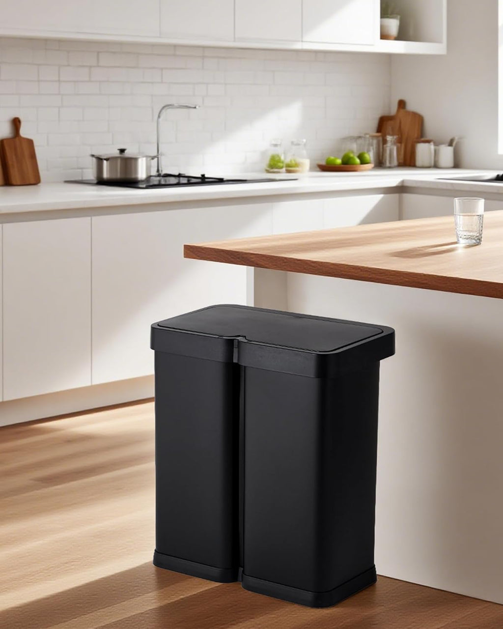 15.8 Gallon Touchless Stainless Steel Dual Compartment Trash Can - Automatic Motion Sensor Recycling Bin with Separated Baskets for Kitchen, Black & Brushed Finish